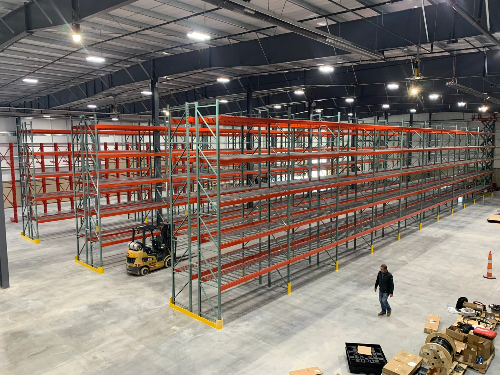 Rows of pallet racking in a distribution center